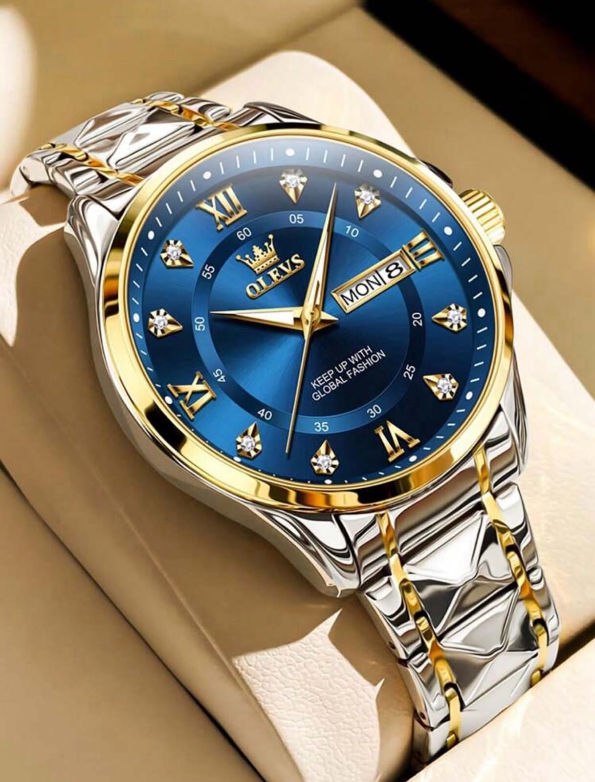 Olevs Blue Dial, Gold and Silver Two-tone Wrist Watch — Blue Sunburst