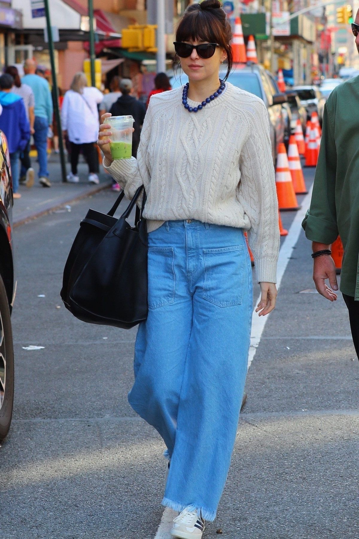 Dakota Johnson Cream Cable Knit Sweater — Crew Neckline, Textured