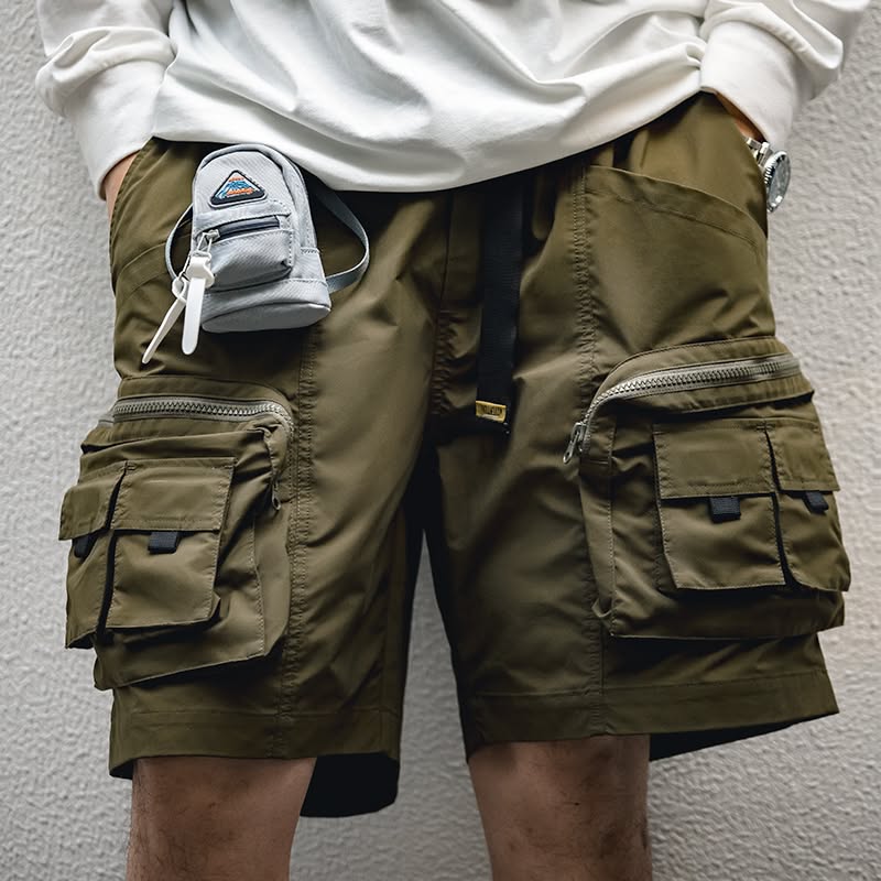 Maden Olive Green Cargo Shorts — Multiple Zip Pockets, Flap Pockets