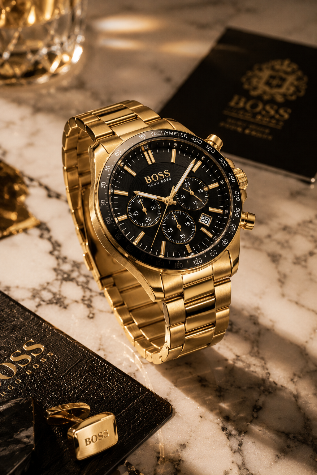 Hugo Boss gold-tone with black dial chronograph watch — tachymeter bezel, three subdials, date window at 4 o'clock, stick hour markers, luminous hands, push-button crown