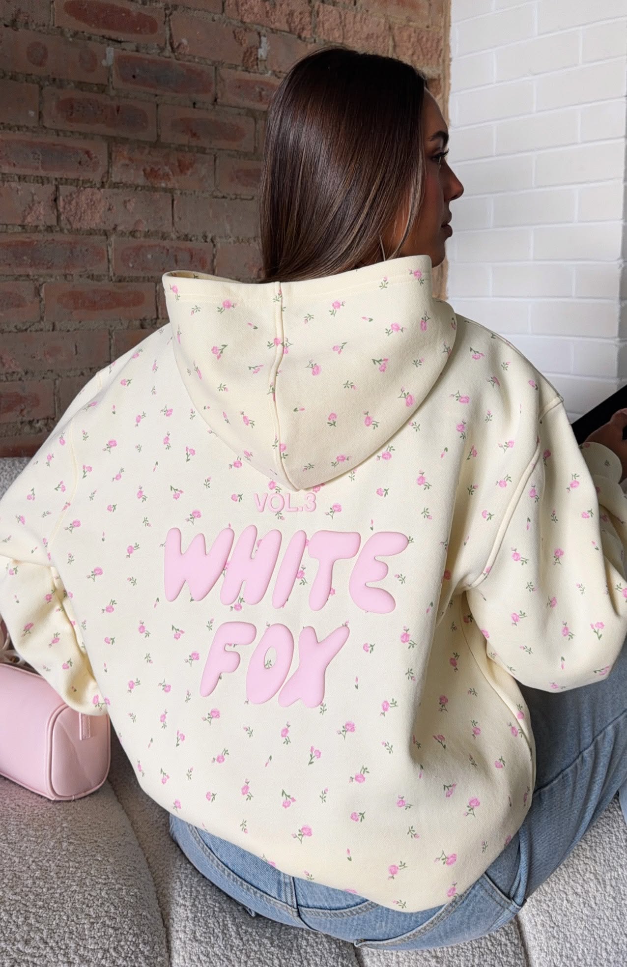 White Fox Lemon Yellow with Pink Ditsy Floral Oversized Hoodie