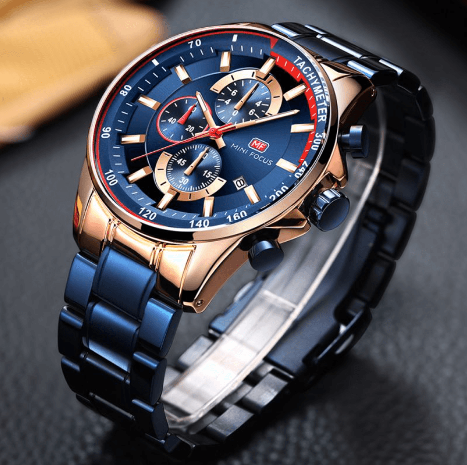 MINI FOCUS Blue and Rose Gold Chronograph Watch — Tachymeter Bezel