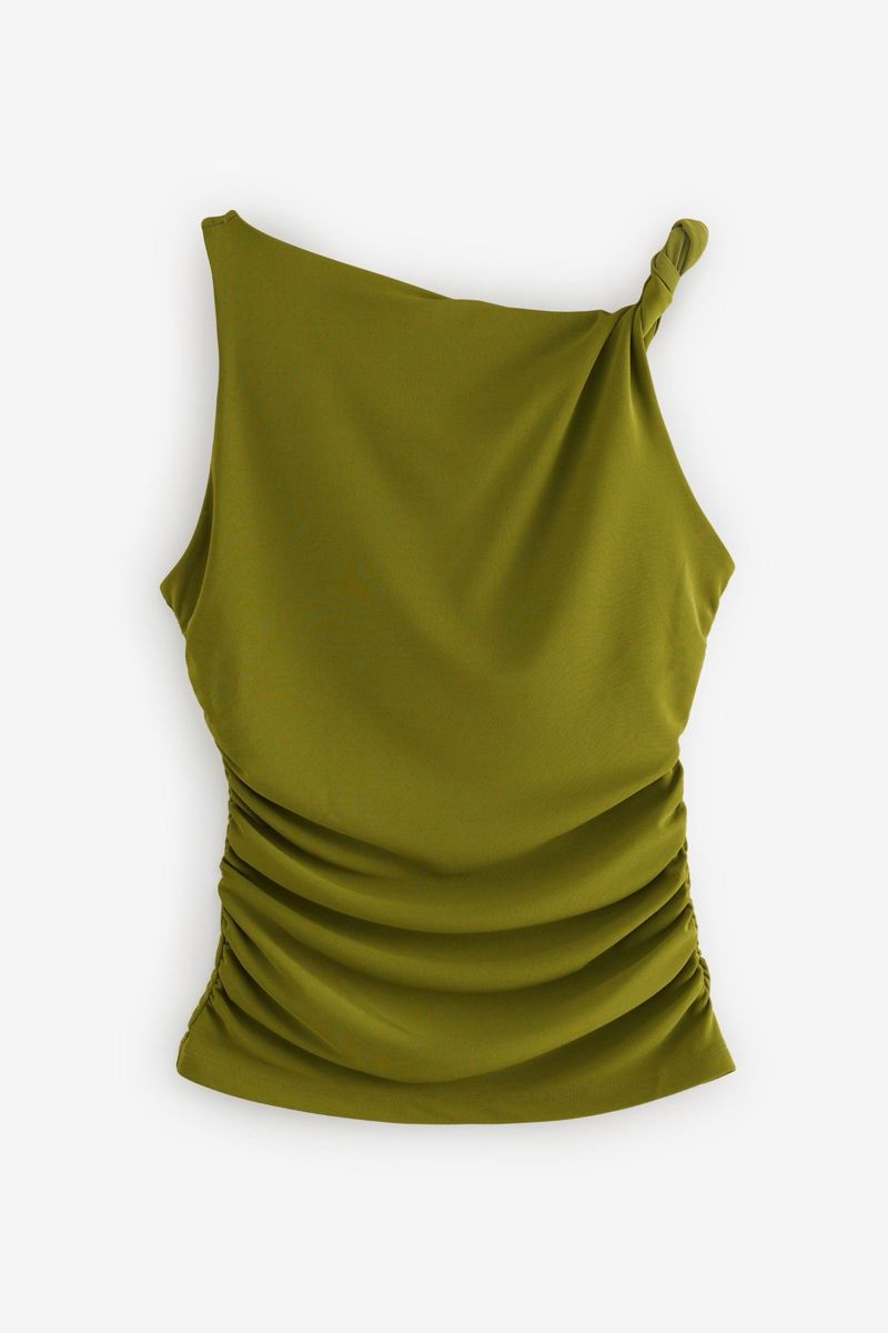 Minimalist Olive Green Tank Top — One-shoulder Strap with Knot