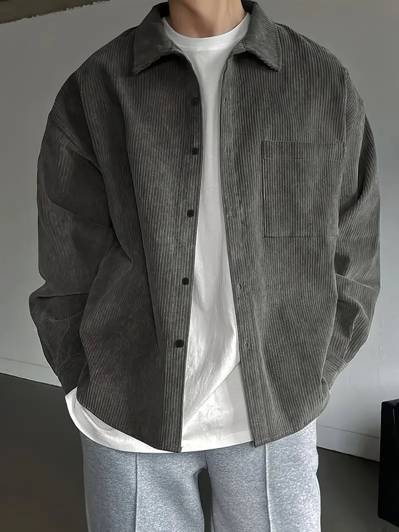 Casual Charcoal Gray Overshirt — Point Collar, Front Button-up