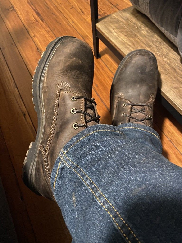 workwear distressed dark brown work boots — lace-up, metal eyelets, padded collar, lug sole, contrast stitching