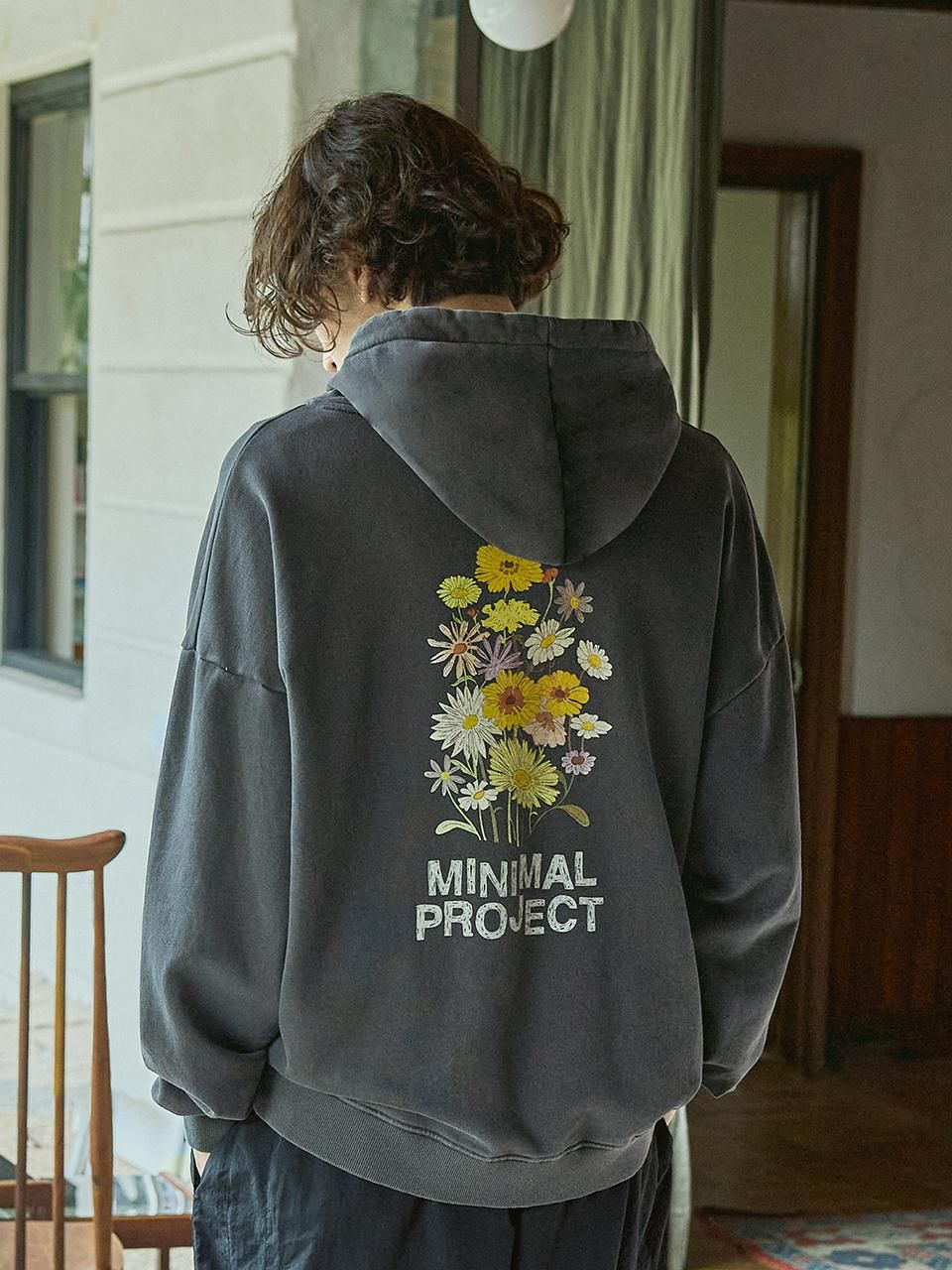 MINIMAL PROJECT Washed Black Hoodie — Back Graphic Print, Drawstring