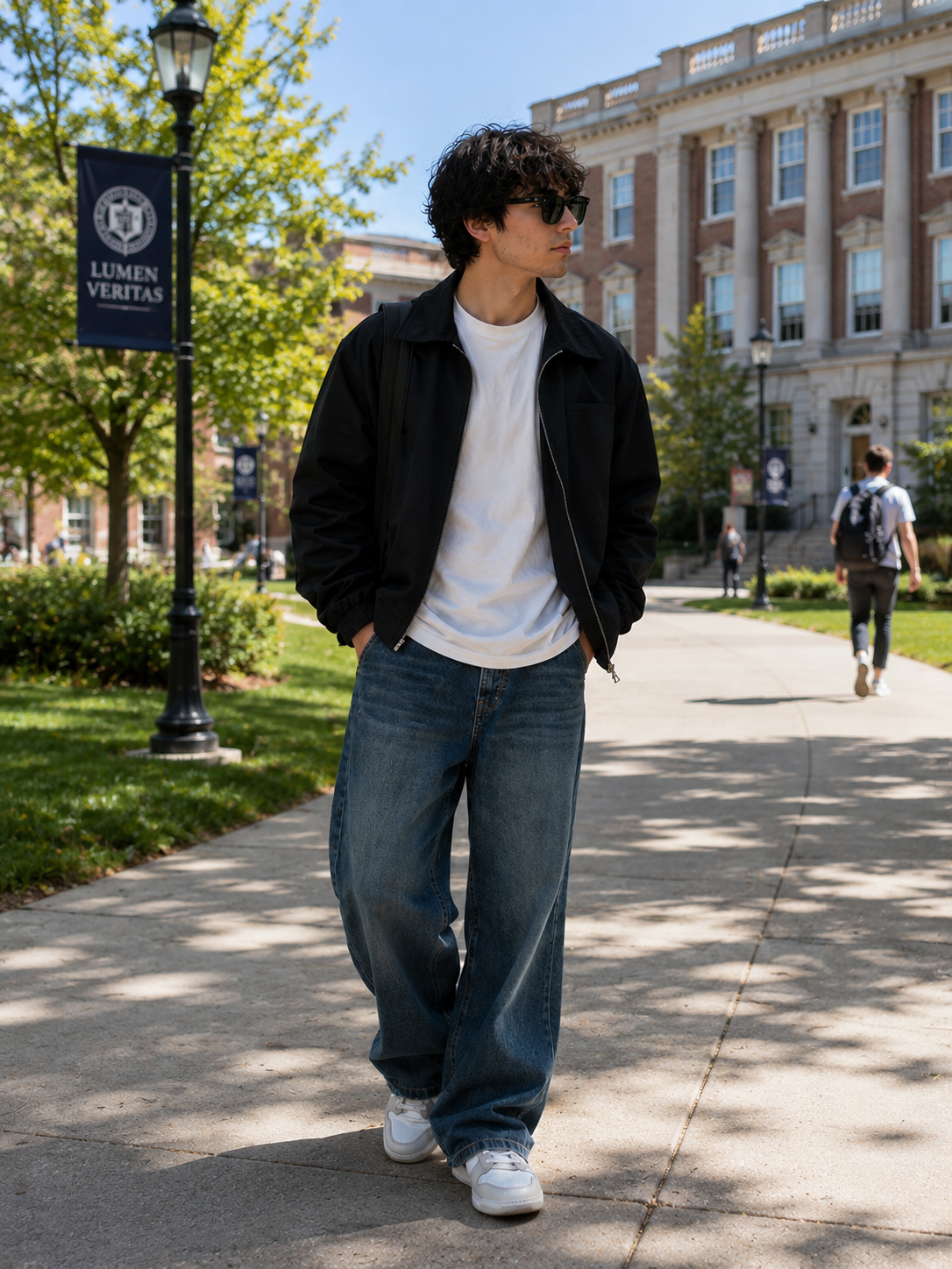 streetwear medium wash blue baggy jeans — wide leg, faded wash