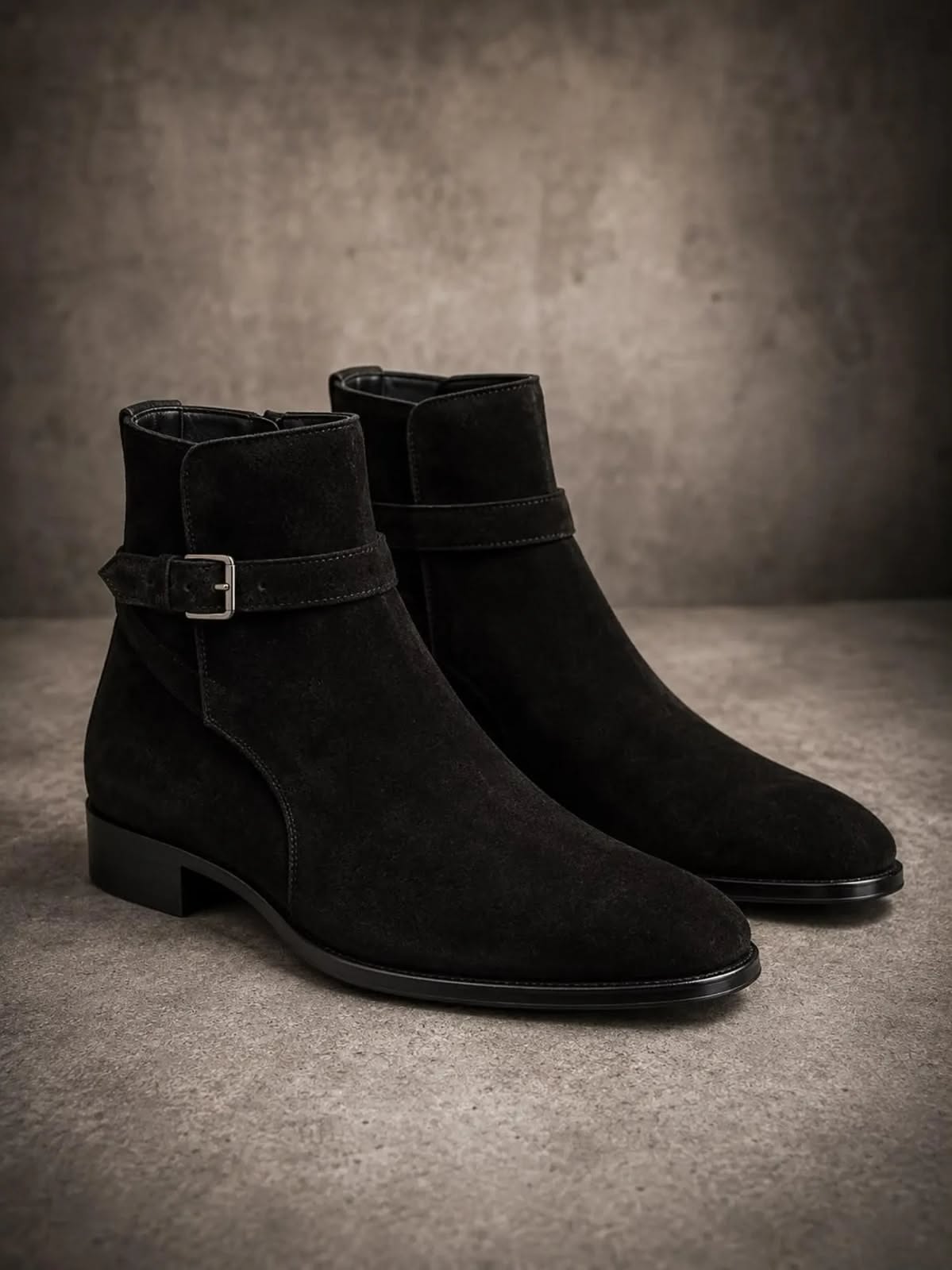 Luxury Black Suede Ankle Boots — Monk Strap Detail with Silver