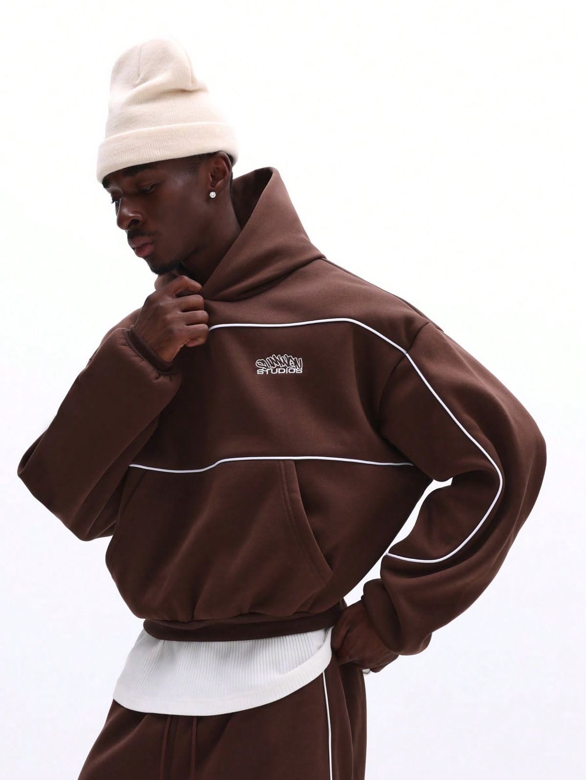 SUNWAY STUDIOS dark brown hoodie — white piping details, embroidered logo 'SUNWAY STUDIOS', high neck collar, dropped shoulders, ribbed hem and cuffs, kangaroo pocket