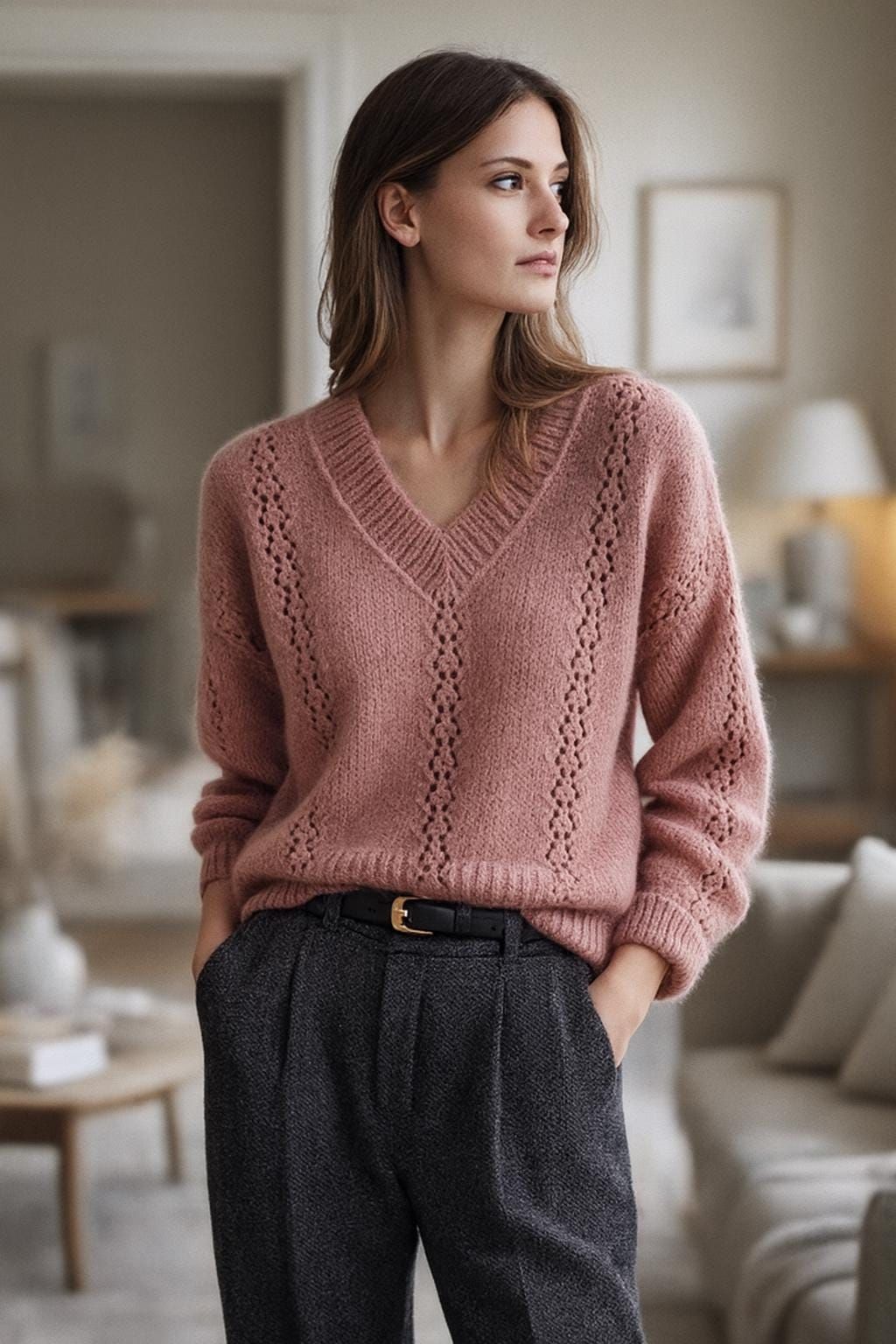 Minimalist Dusty Rose V-neck Sweater — V-neckline, Ribbed Collar