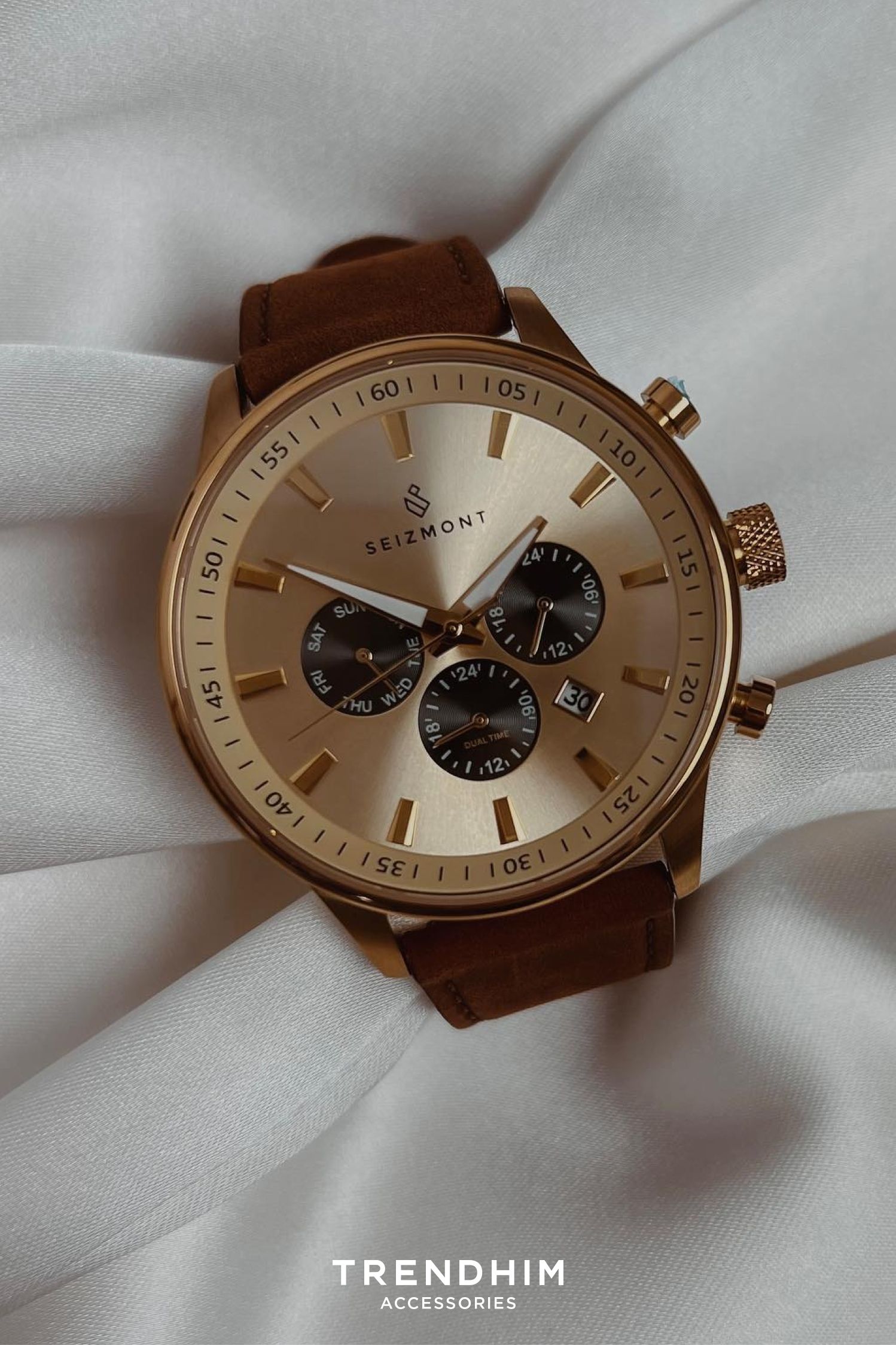 Seizmont Gold-tone, Brown Watch — Chronograph Subdials, Day Display