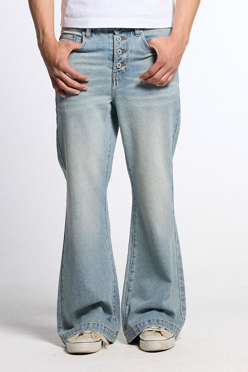 Casual Light Wash Blue Bootcut Jeans — Button Fly Closure, Faded Wash