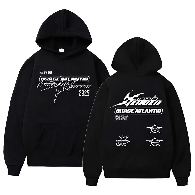 Chase Atlantic merchandise black hoodie — hood, kangaroo pocket, ribbed cuffs and hem, white graphic text and abstract designs on front and back