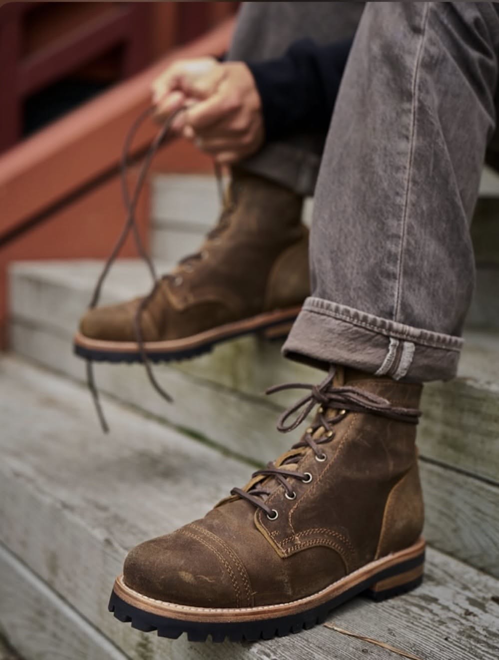 Rugged Casual Distressed Brown Leather Boots — Cap Toe, Lace-up