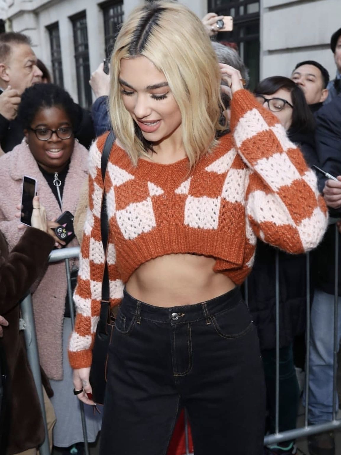 Dua Lipa Burnt Orange and Cream Cropped Sweater — V-neckline, Long