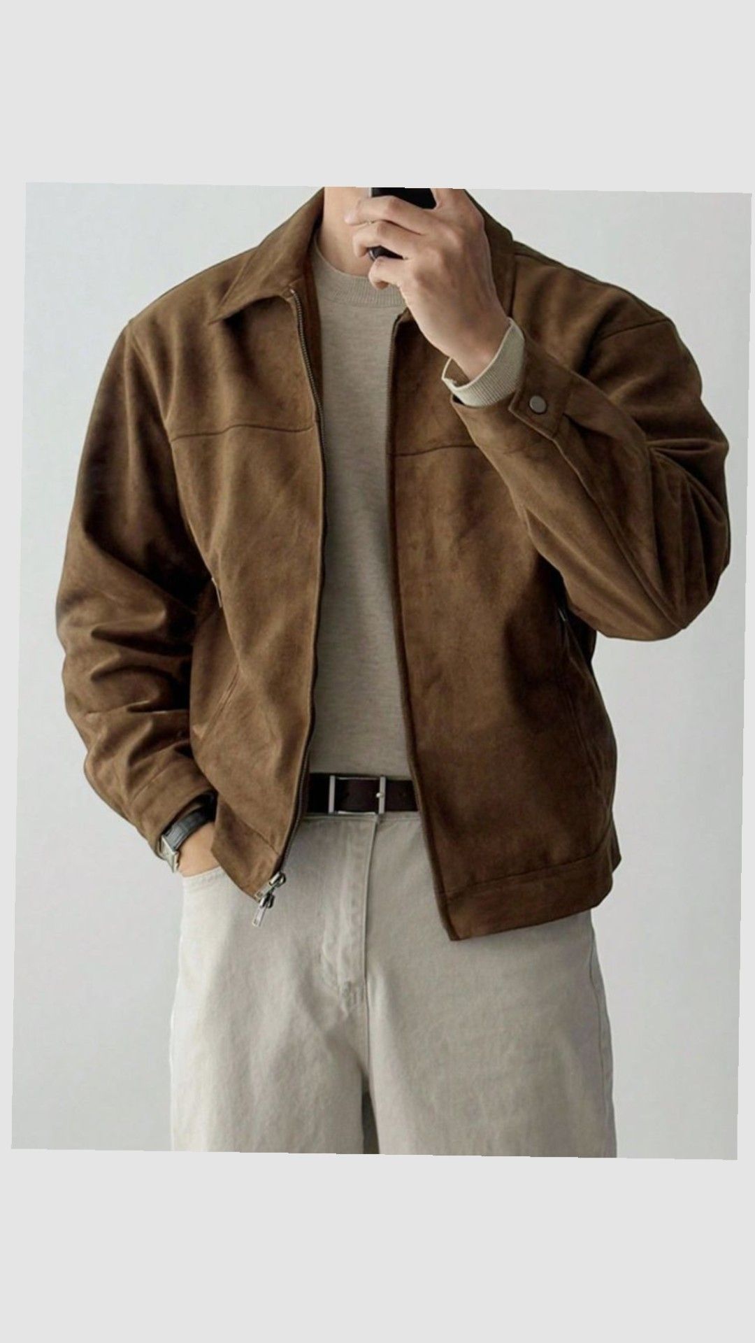 casual brown suede bomber jacket — point collar, full zip closure, single button cuffs, hip length, two front welt pockets