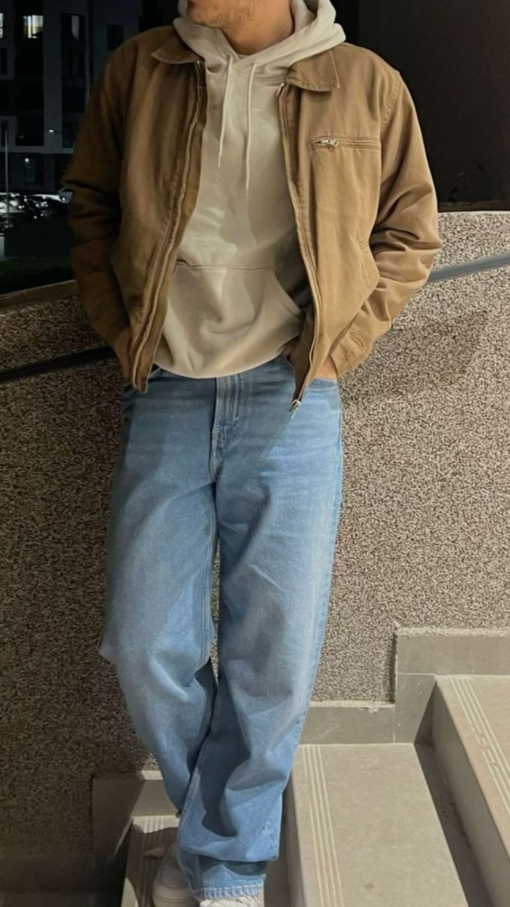 casual tan brown work jacket — collared, full zip front, chest zip pocket, side pockets