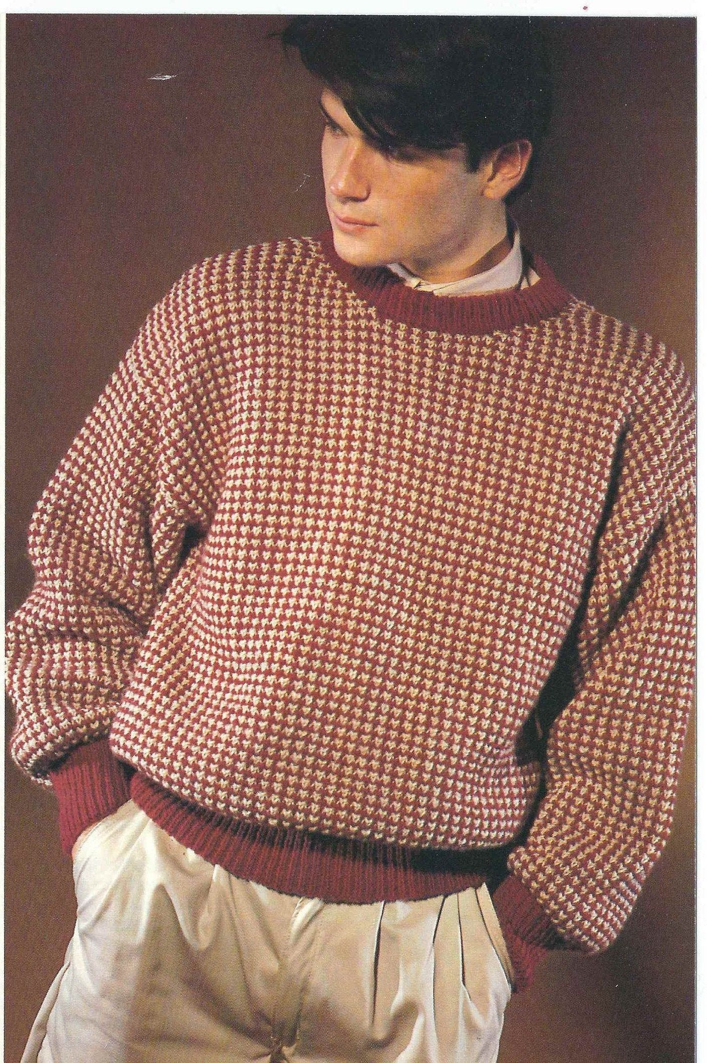 Vintage Burgundy and Beige Sweater — Crew Neck, Ribbed Burgundy