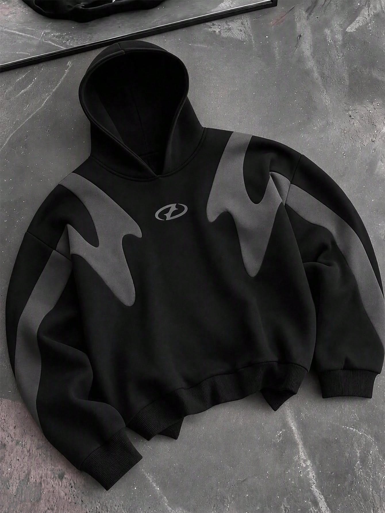 Streetwear Black and Dark Grey Hoodie — Colorblock Flame or Wave
