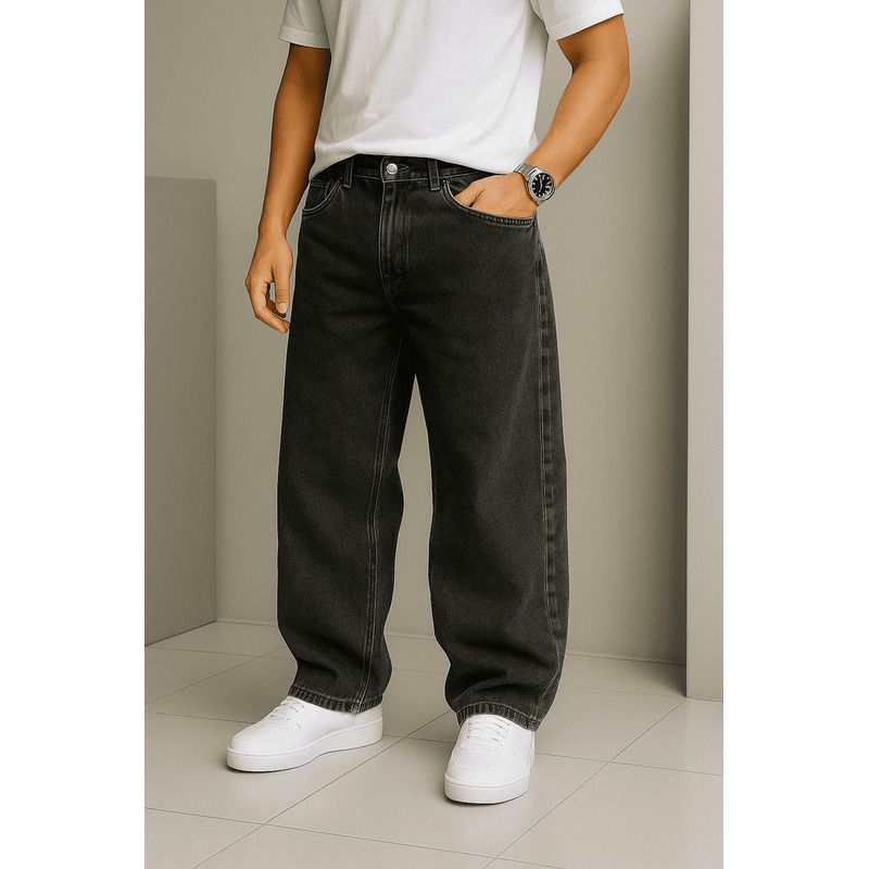 streetwear washed black jeans — five-pocket style, button and zip fly closure, belt loops, distressed wash