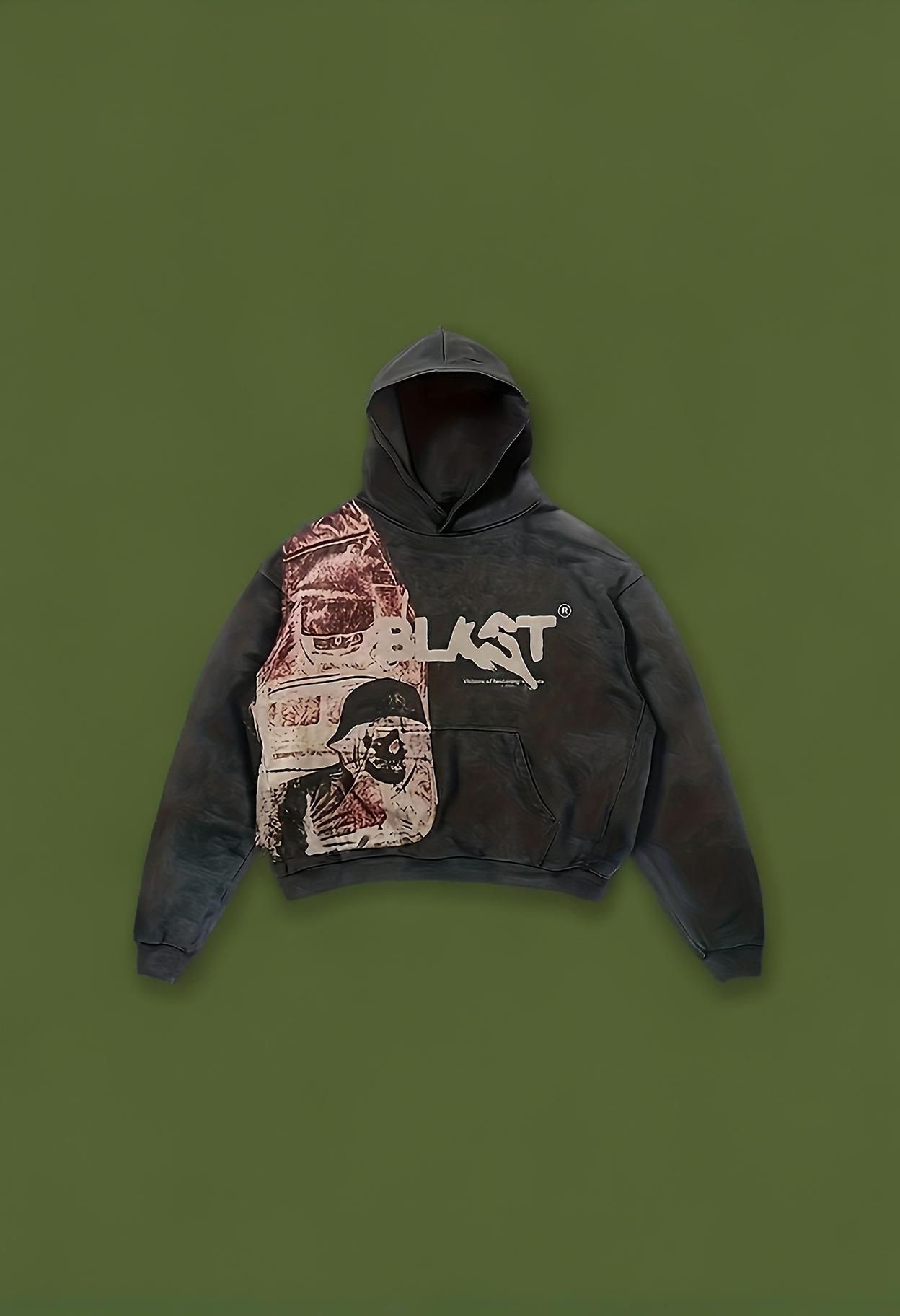 streetwear washed black hoodie — drawstring hood, kangaroo pocket, ribbed cuffs and hem, distressed finish, large graphic print on front