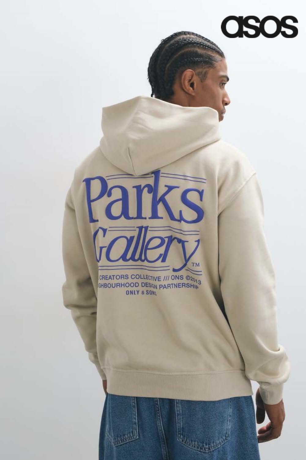 ONLY & SONS Cream White Hoodie — Parks Gallery Blue Typography Print