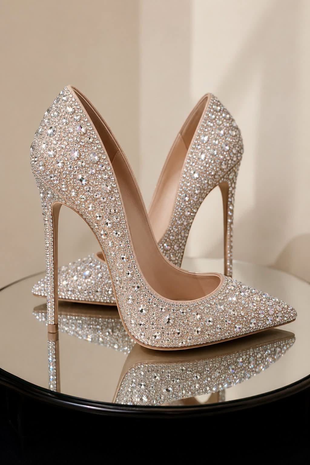 Luxury Nude and Silver Stiletto Heels — All-over Rhinestone