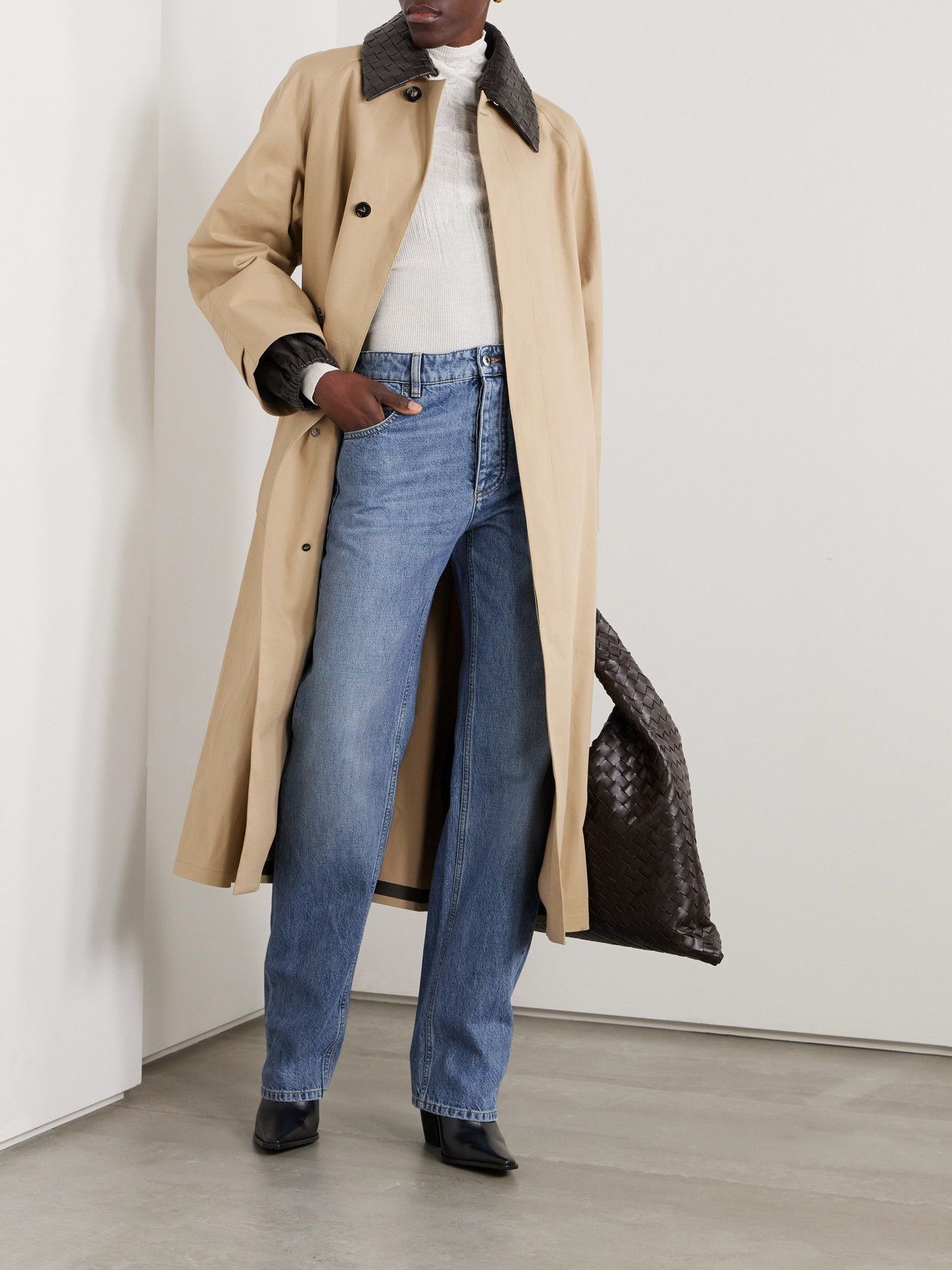 Bottega Veneta medium wash blue jeans — button fly, five-pocket style, classic denim wash