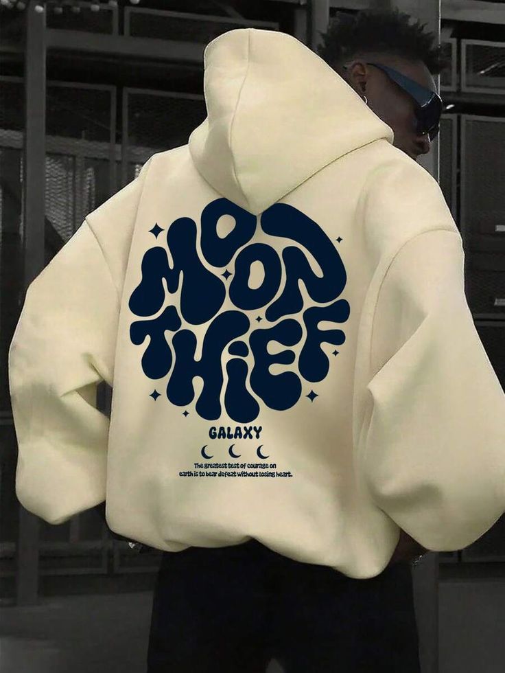 streetwear cream hoodie — drawstring hood, ribbed cuffs and hem, large back graphic print with text and stars