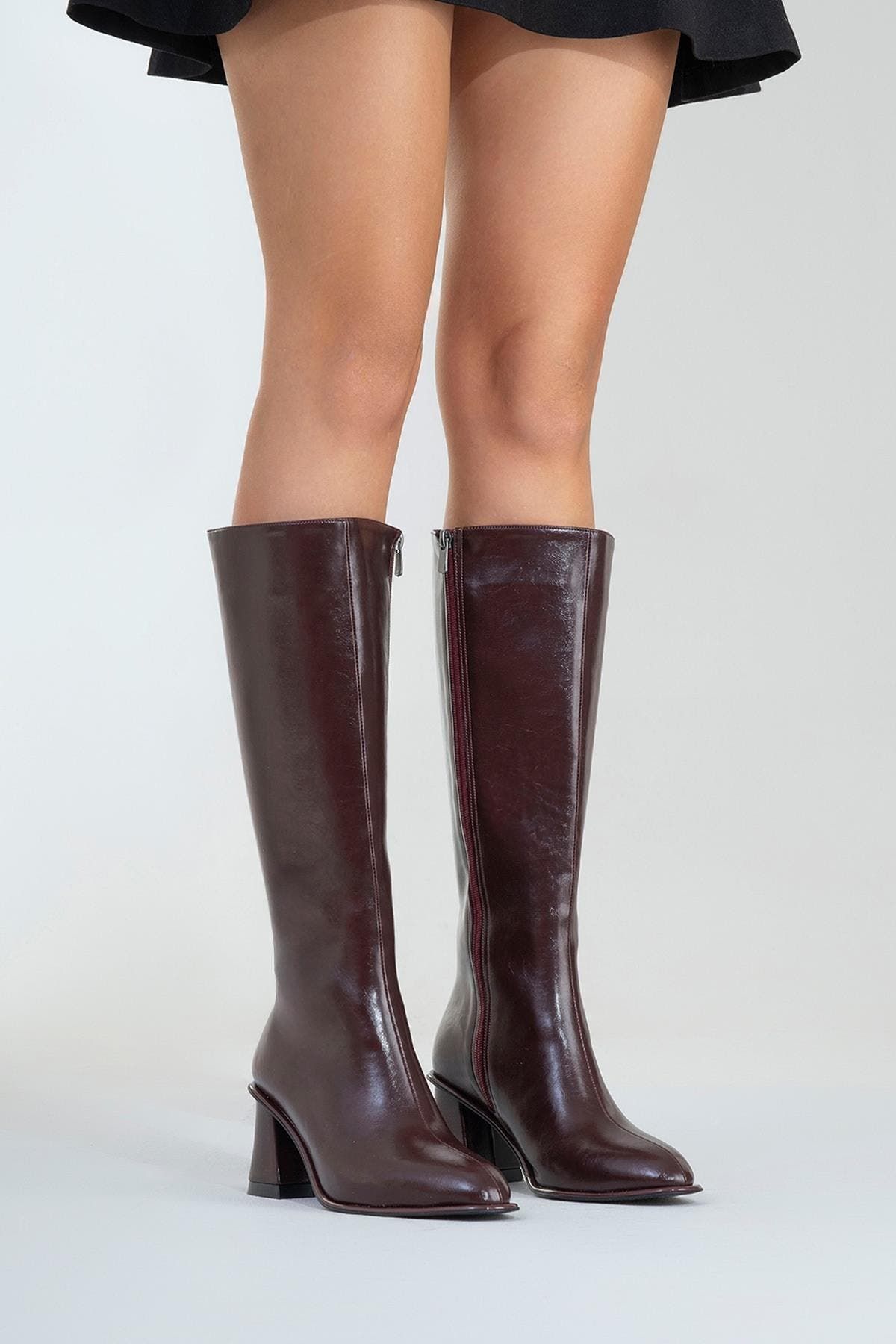 Prologue Burgundy Knee High Boots — Block Heel, Side Zipper Closure