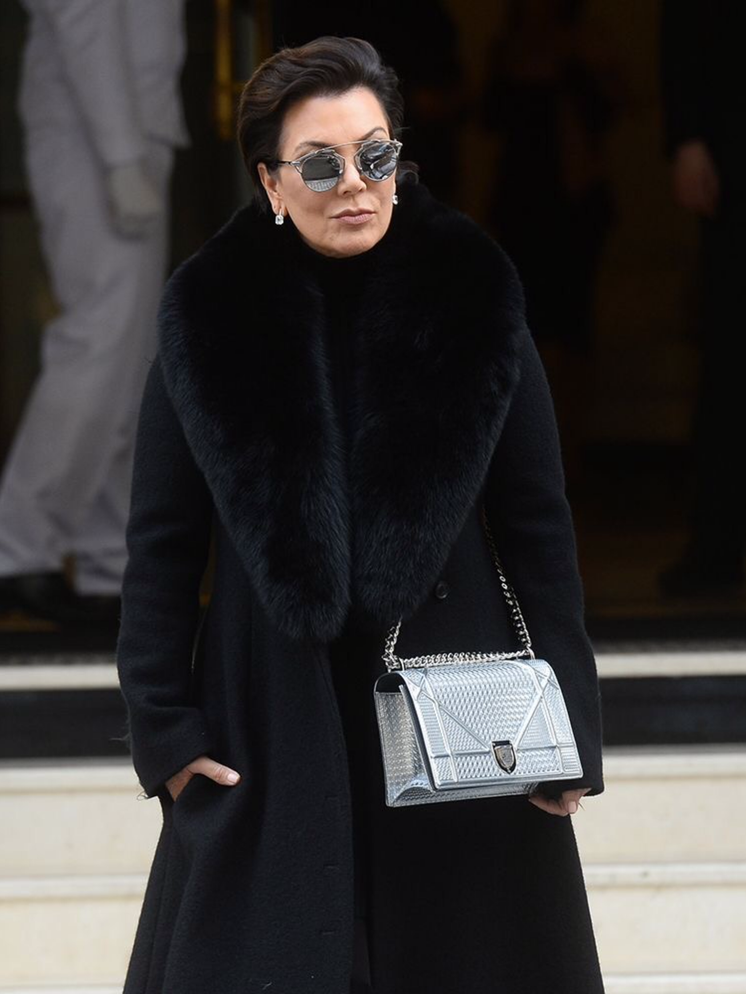Kris Jenner Black Fur Collar Wool Coat — Oversized Plush Faux Fur