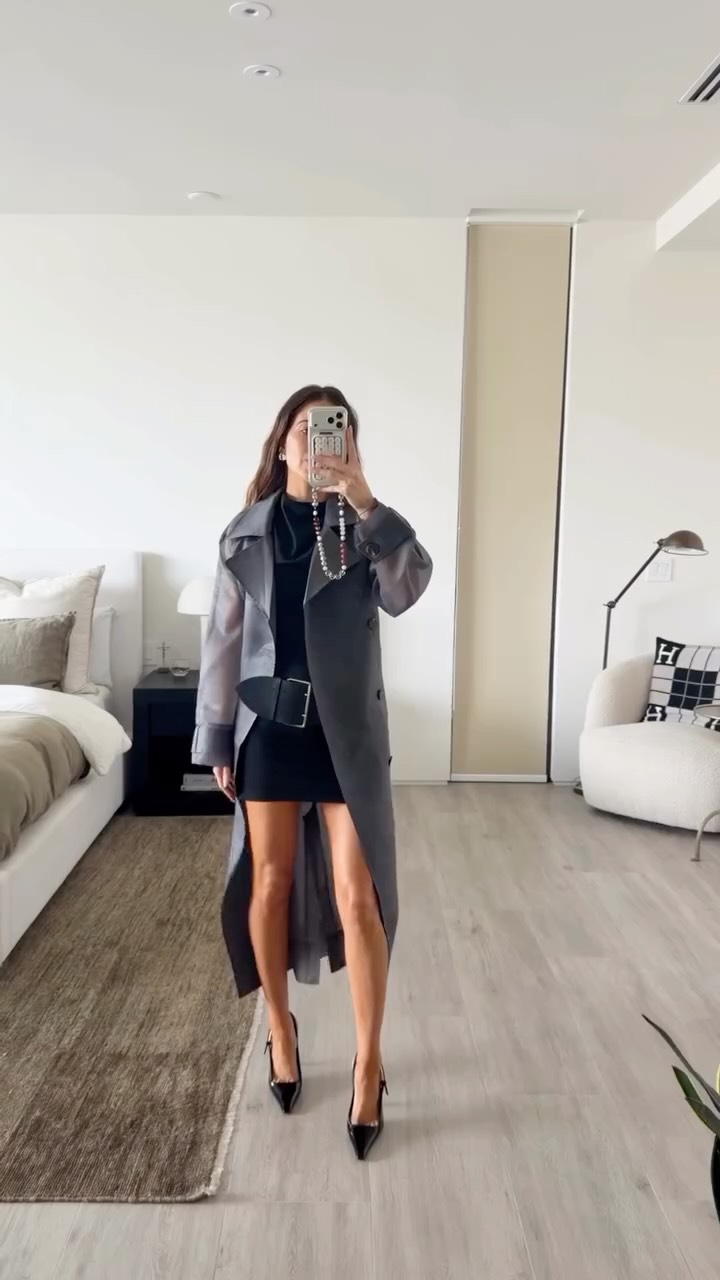 luxury dark grey sheer trench coat — double-breasted, storm flap, long length, wide sleeves, sheer fabric, no belt