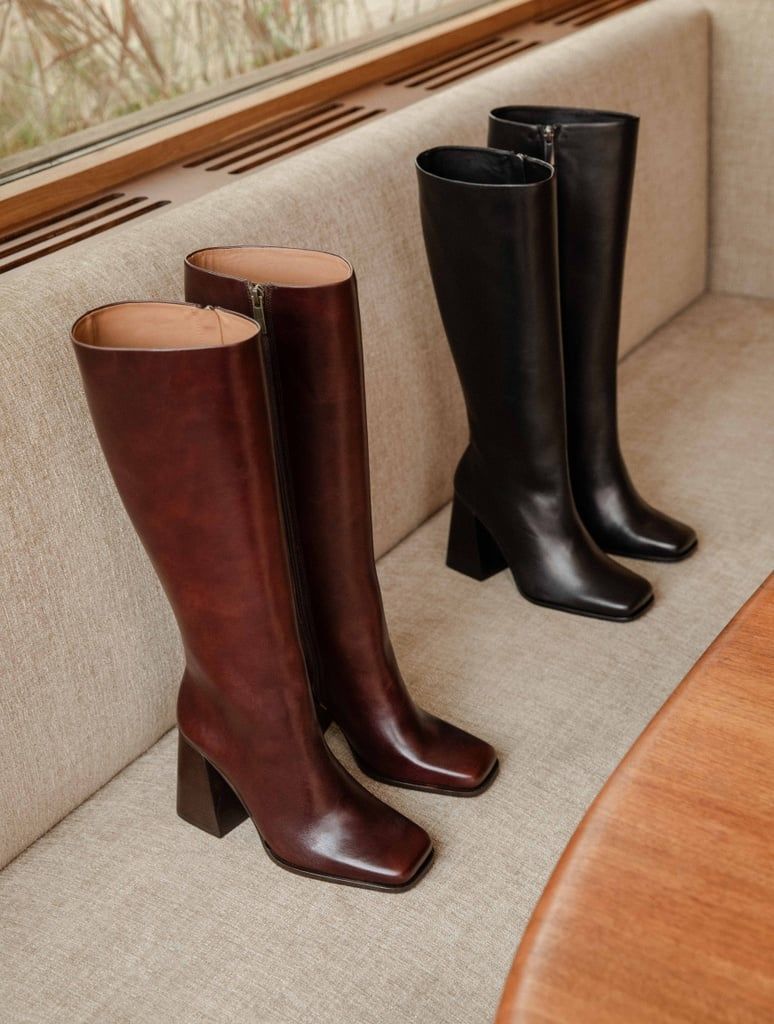 classic dark brown and black knee-high boots — square toe, block heel, side zipper closure
