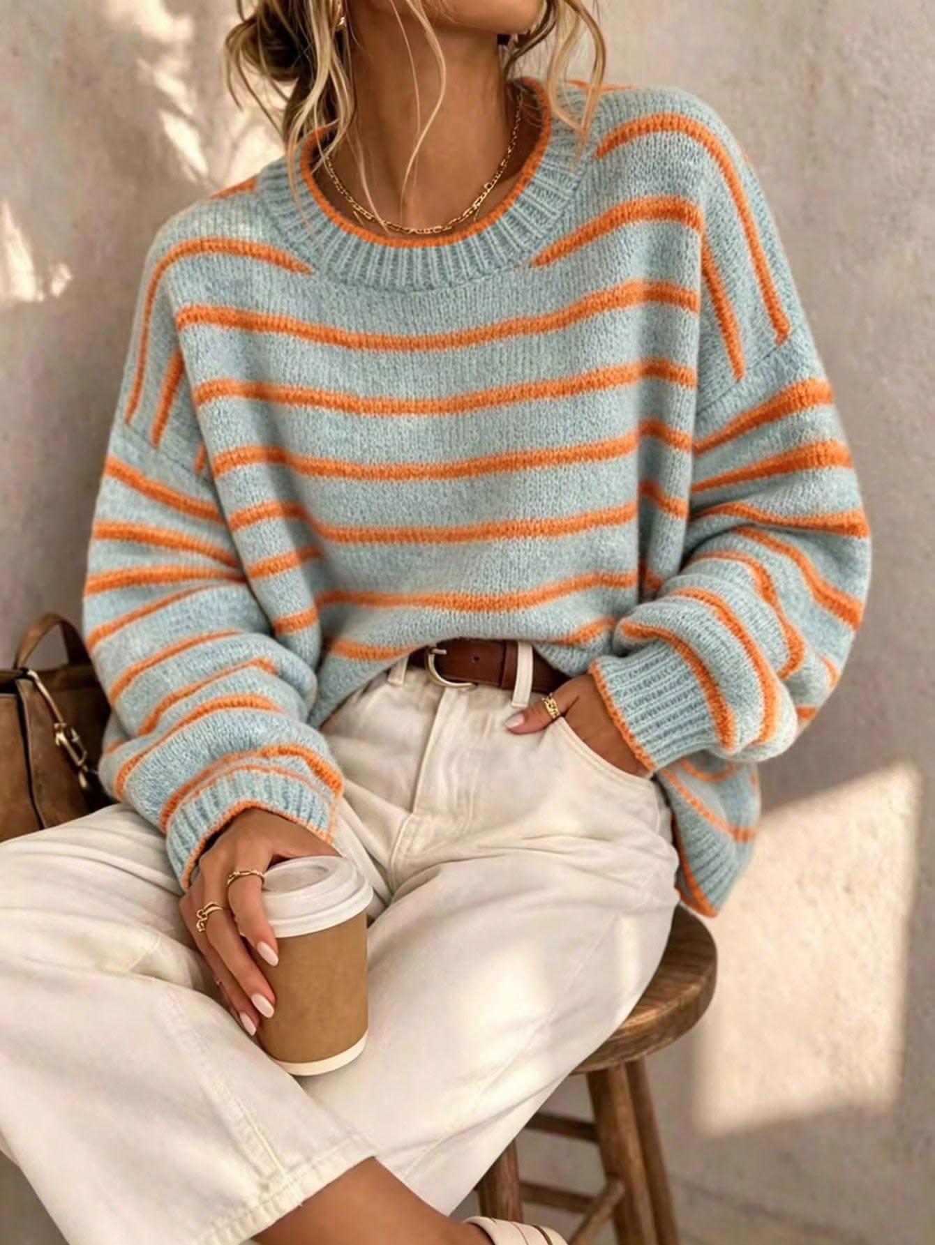 Casual Light Blue and Orange Striped Sweater — Crew Neckline, Ribbed