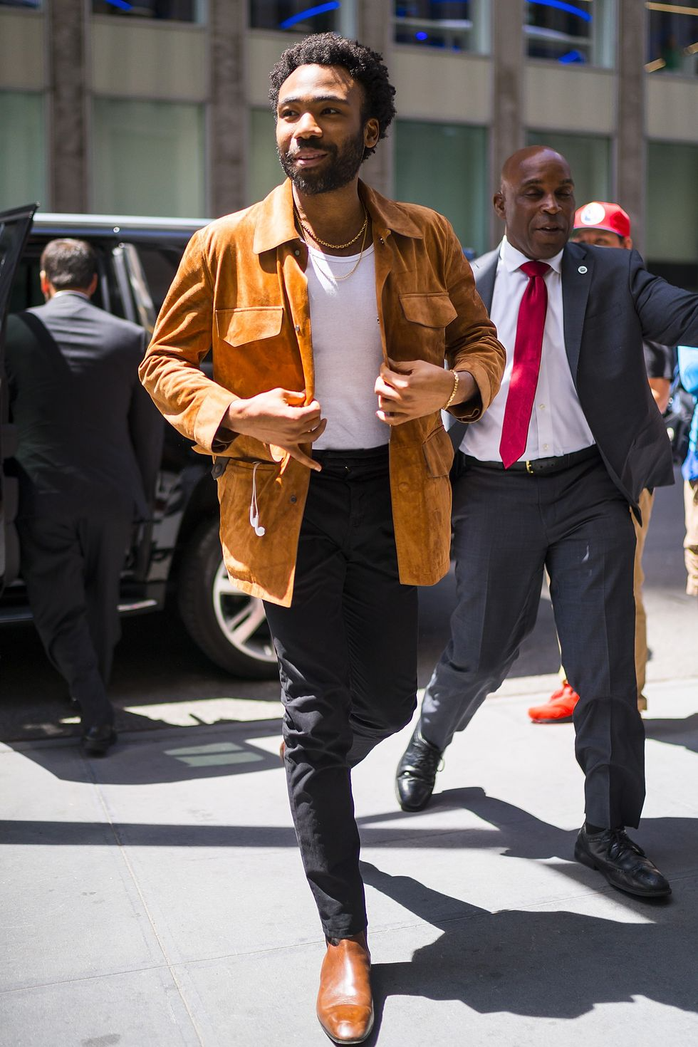 Donald Glover Cognac Brown Suede Jacket — Point Collar, Front Button