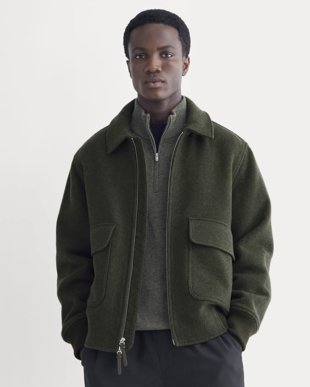 Everlane Dark Olive Green Bomber Jacket — Wide Collar, Full Zip