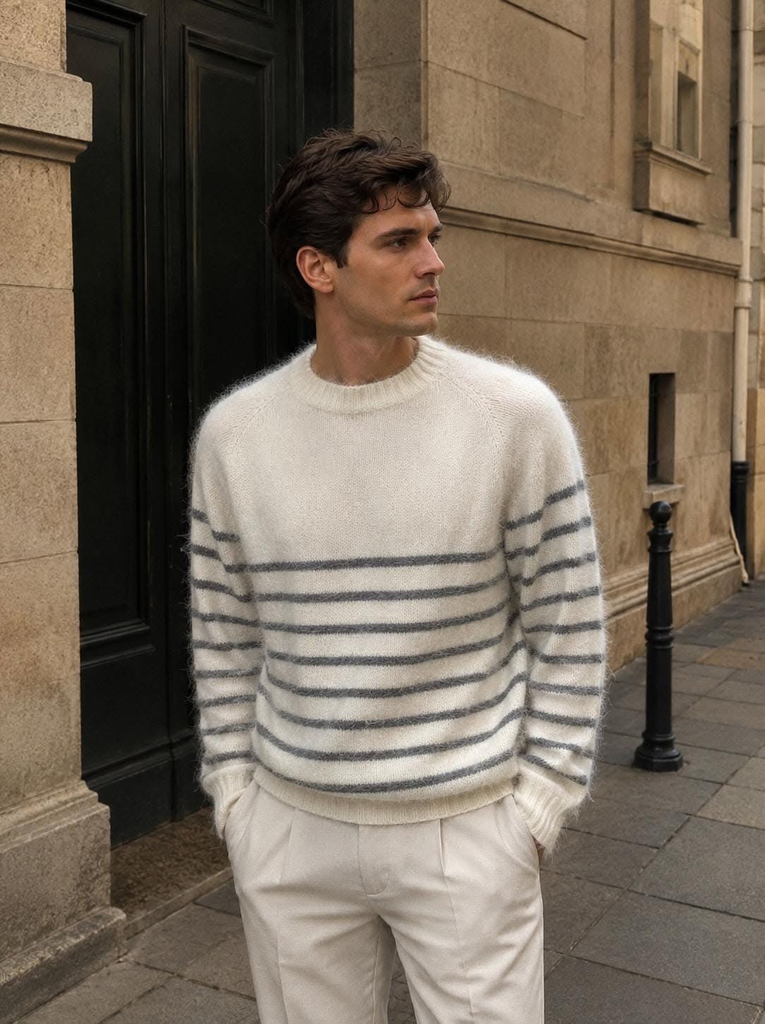 Casual Off-white with Grey Stripes Knit Sweater — Crew Neckline