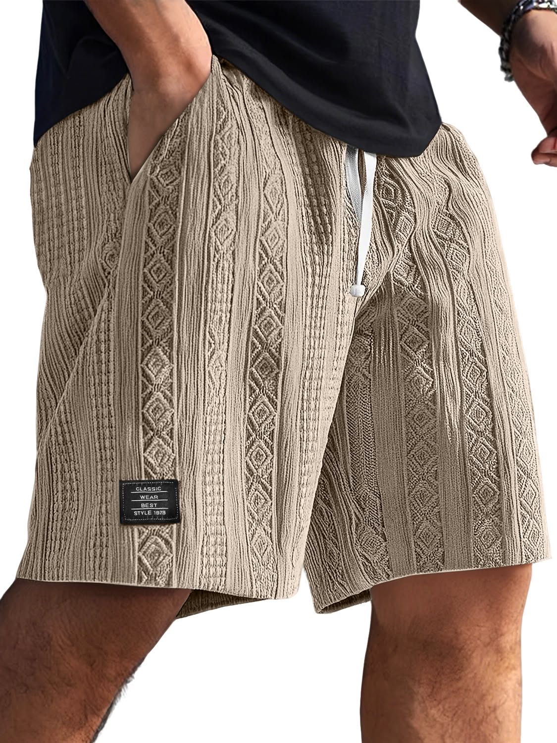 Casual Khaki Beige Casual Shorts — Drawstring Waistband, Vertical