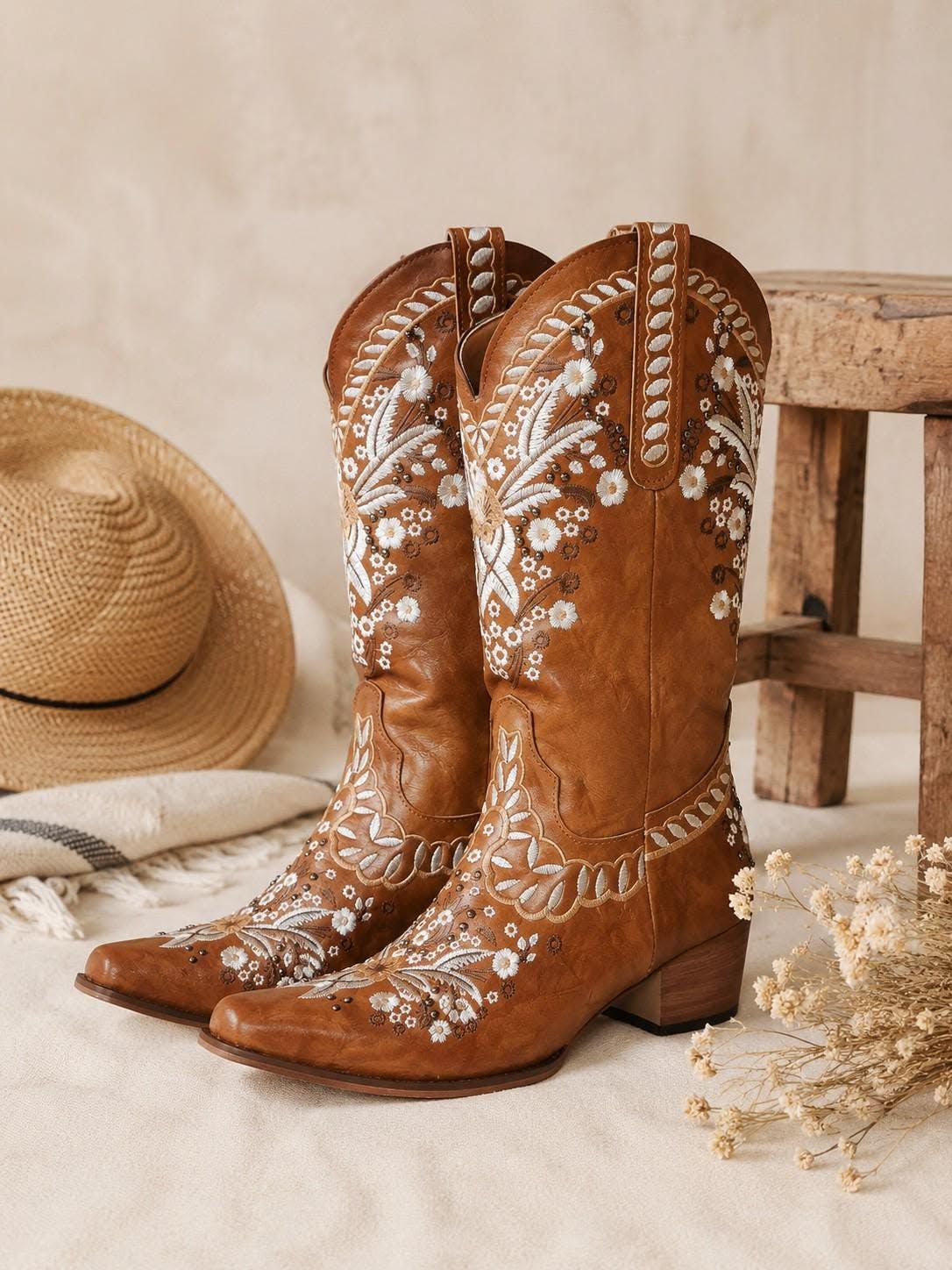 Western Distressed Brown Western Boots — White and Silver Floral