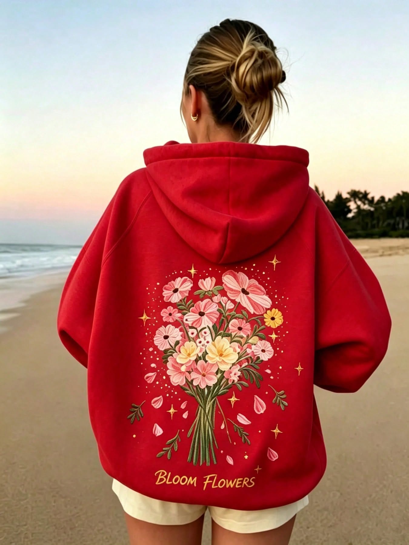 Casual Red Hoodie — Large Back Floral Bouquet Graphic with Sparkles