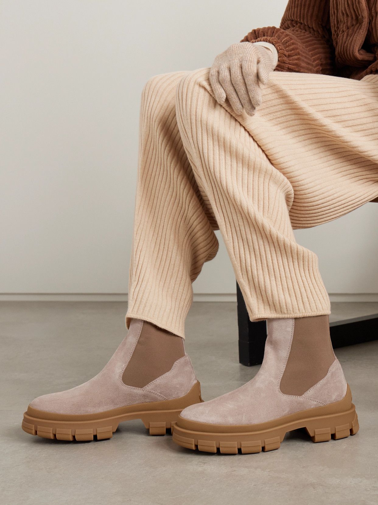 Moncler Taupe Suede Chelsea Boots — Elasticated Side Gussets, Chunky