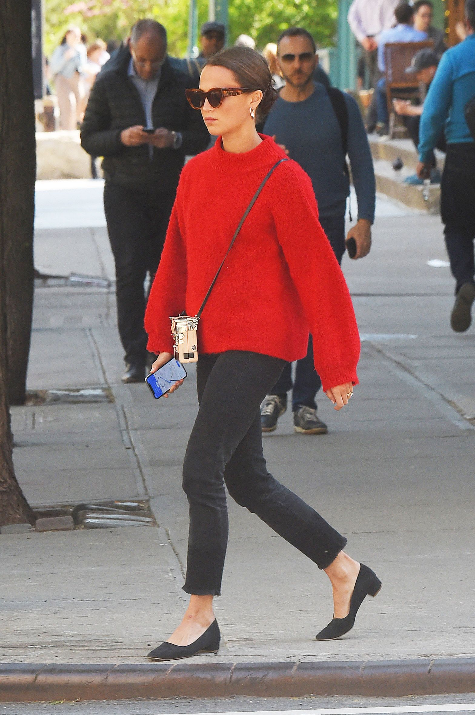 Alicia Vikander Vibrant Red Sweater — Mock Turtleneck, Ribbed Trim