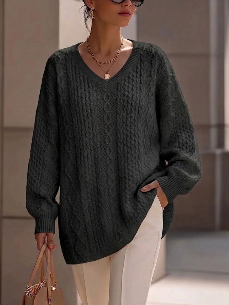 Casual Dark Charcoal Black Sweater — V-neckline, Long Sleeves