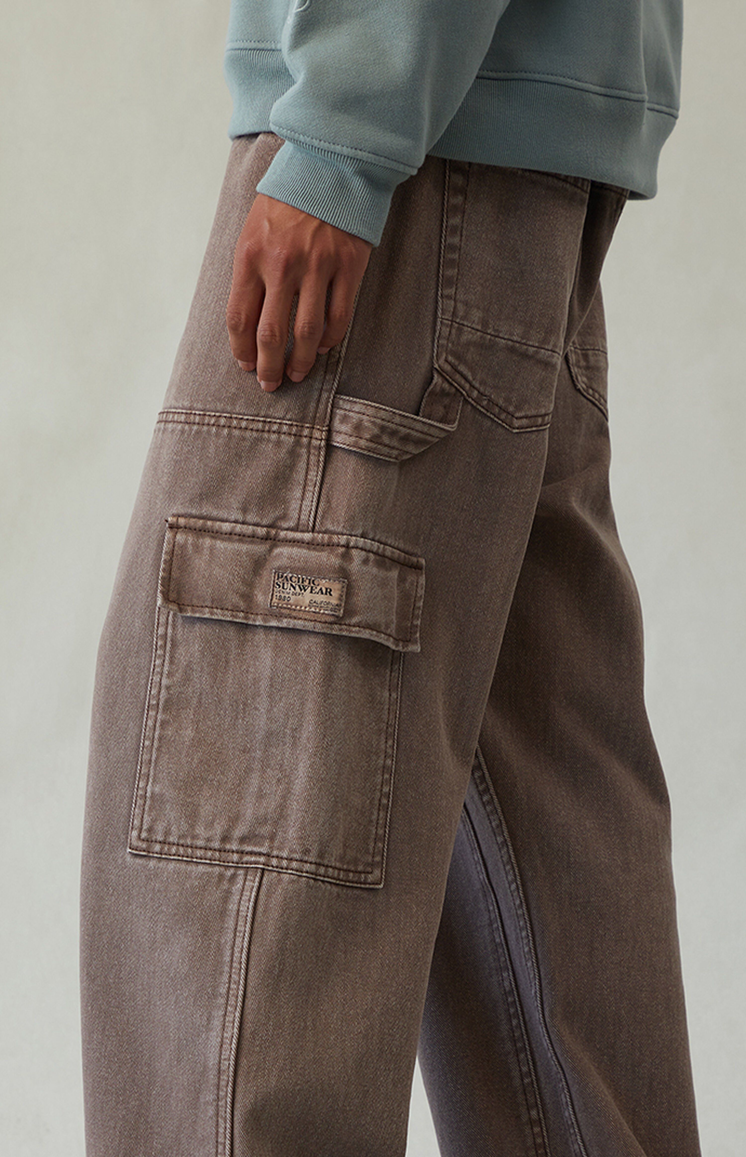 Pacific Sunwear Washed Brown Cargo Pants — Large Side Cargo Pockets