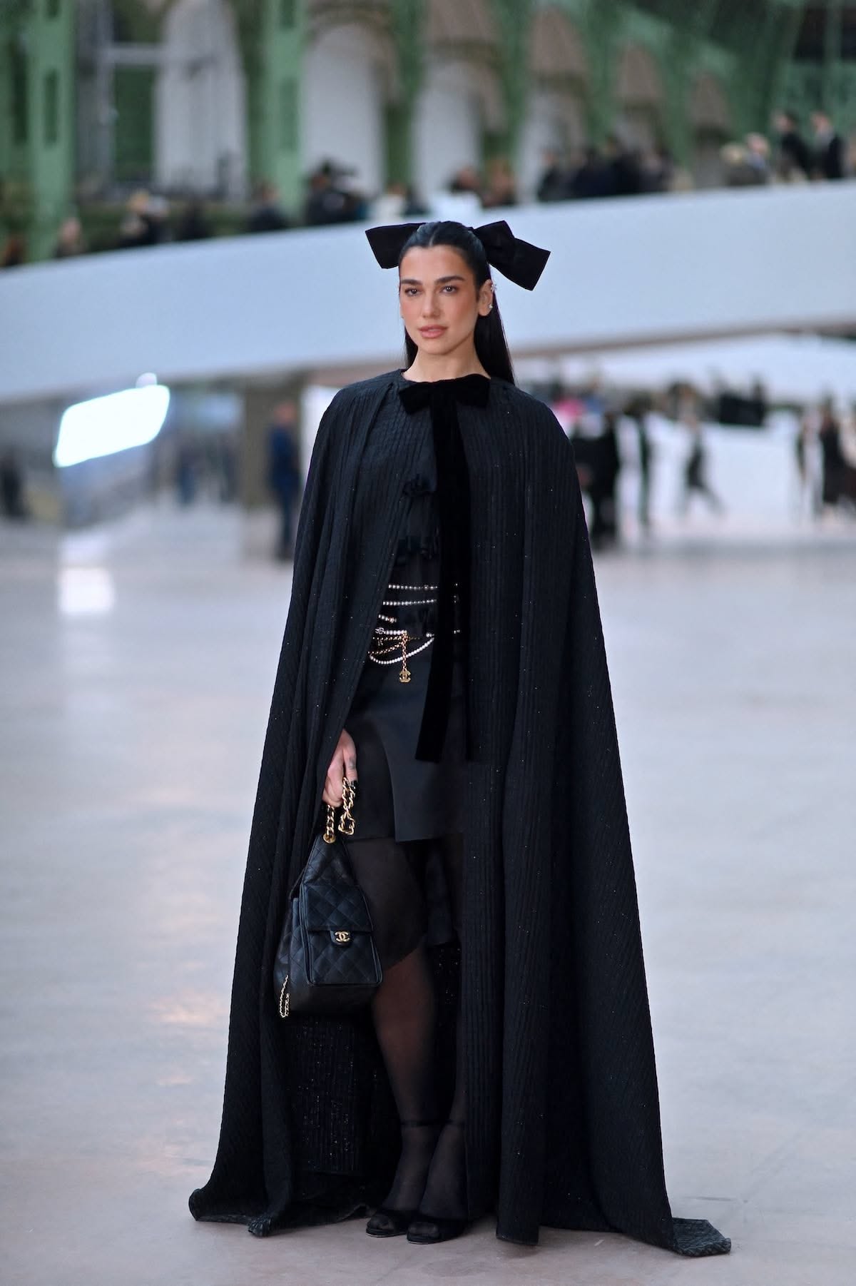 Dua Lipa Black Cape — Floor-length Silhouette, Subtle Shimmering