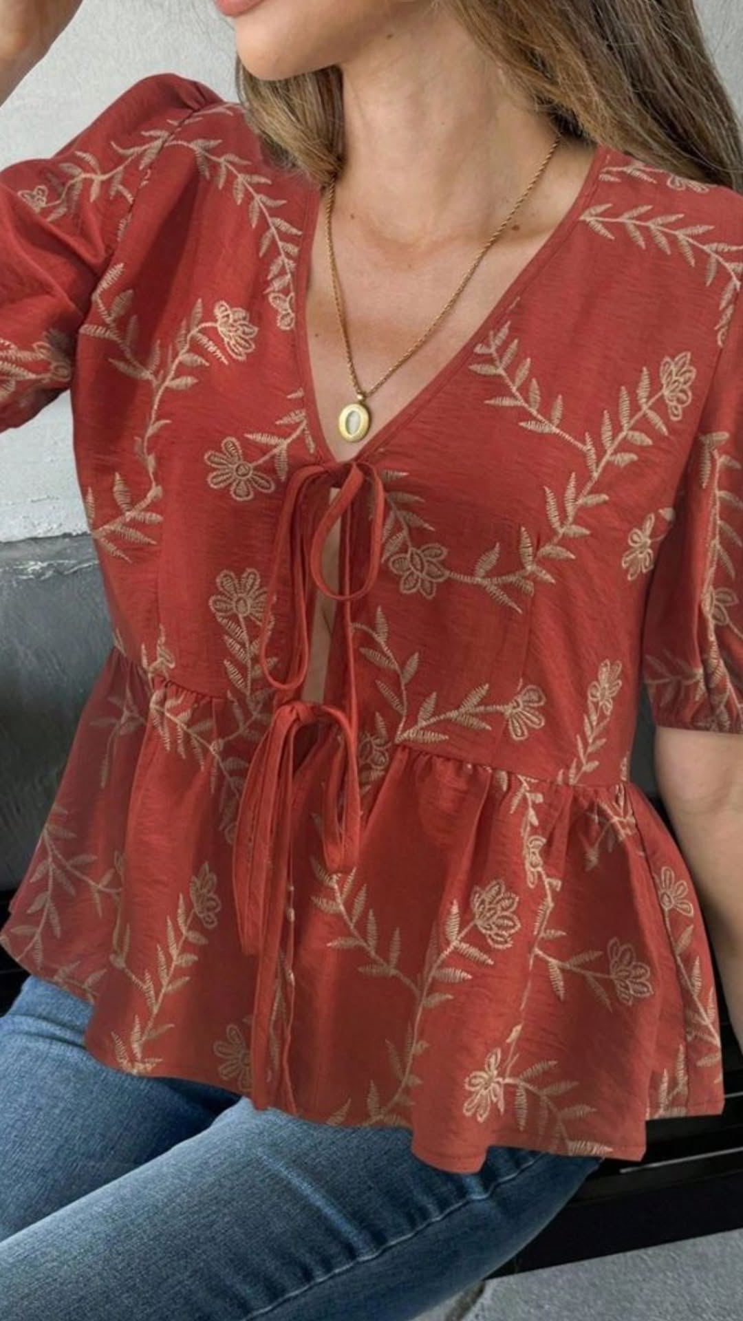 Casual Rust Red Blouse — V-neckline, Double Tie-front Closures, Short