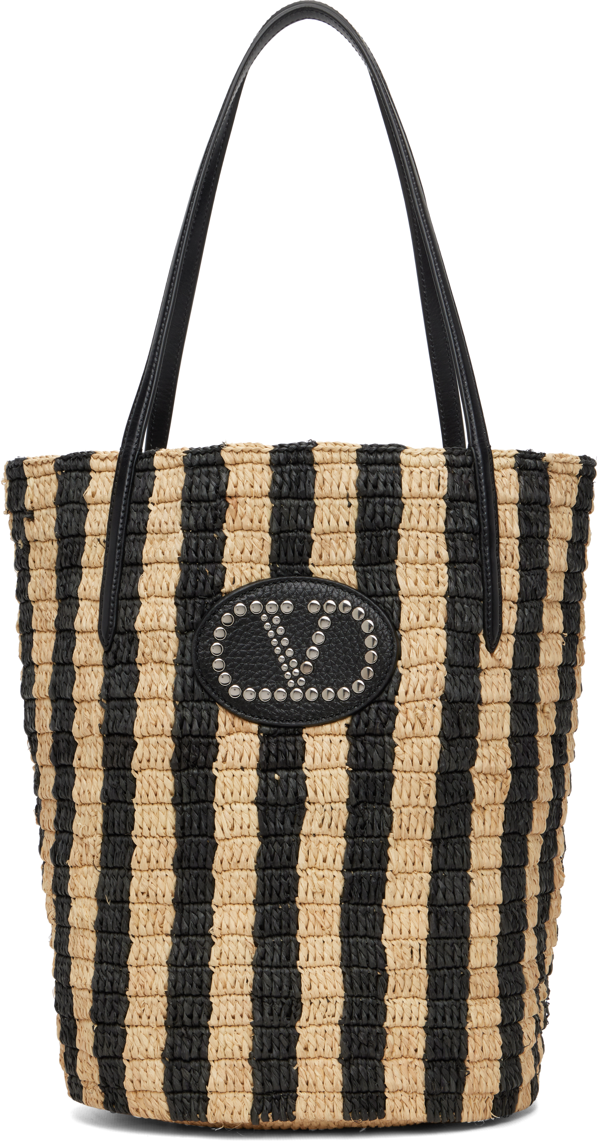 Valentino Garavani Beige & Black Striped Raffia Shopping Tote