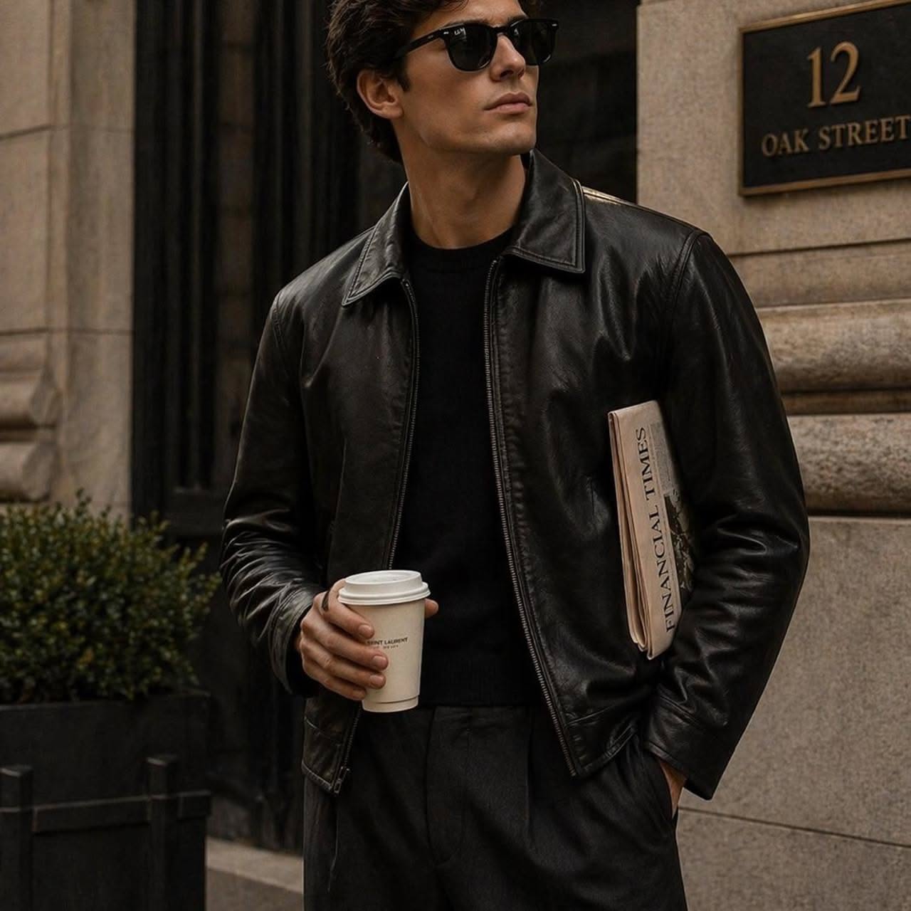 Casual dark brown leather jacket — collared neckline, full zip closure, ribbed cuffs and hem, two front pockets