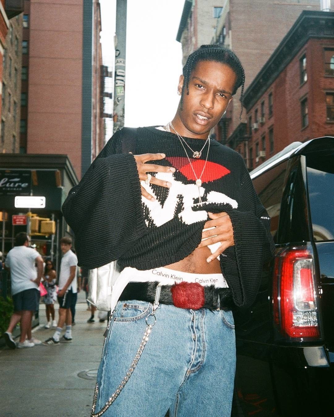 A$AP Rocky black with red and white graphic sweater — oversized sleeves, ribbed cuffs, distressed details, crew neck, large graphic print