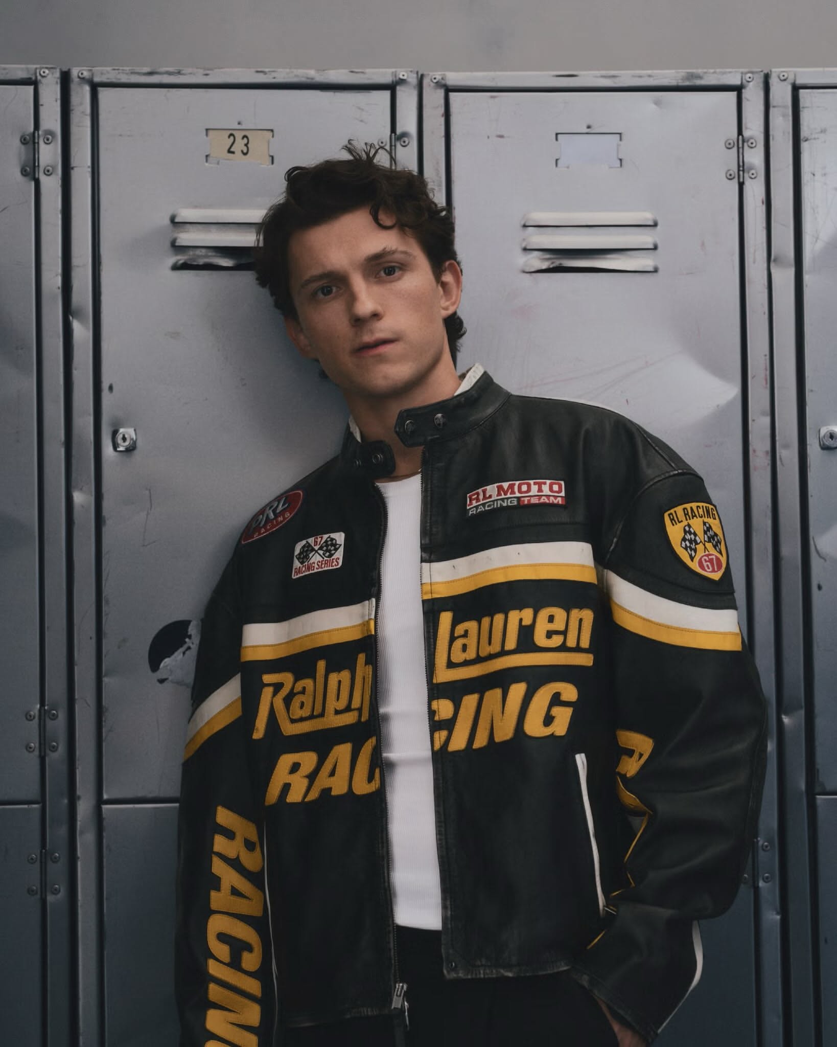 Tom Holland Black with Yellow and White Leather Racing Jacket — Stand